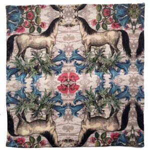Hand Stitched European Linen Pocket Square Horses Floral Tan Red Blue Men's